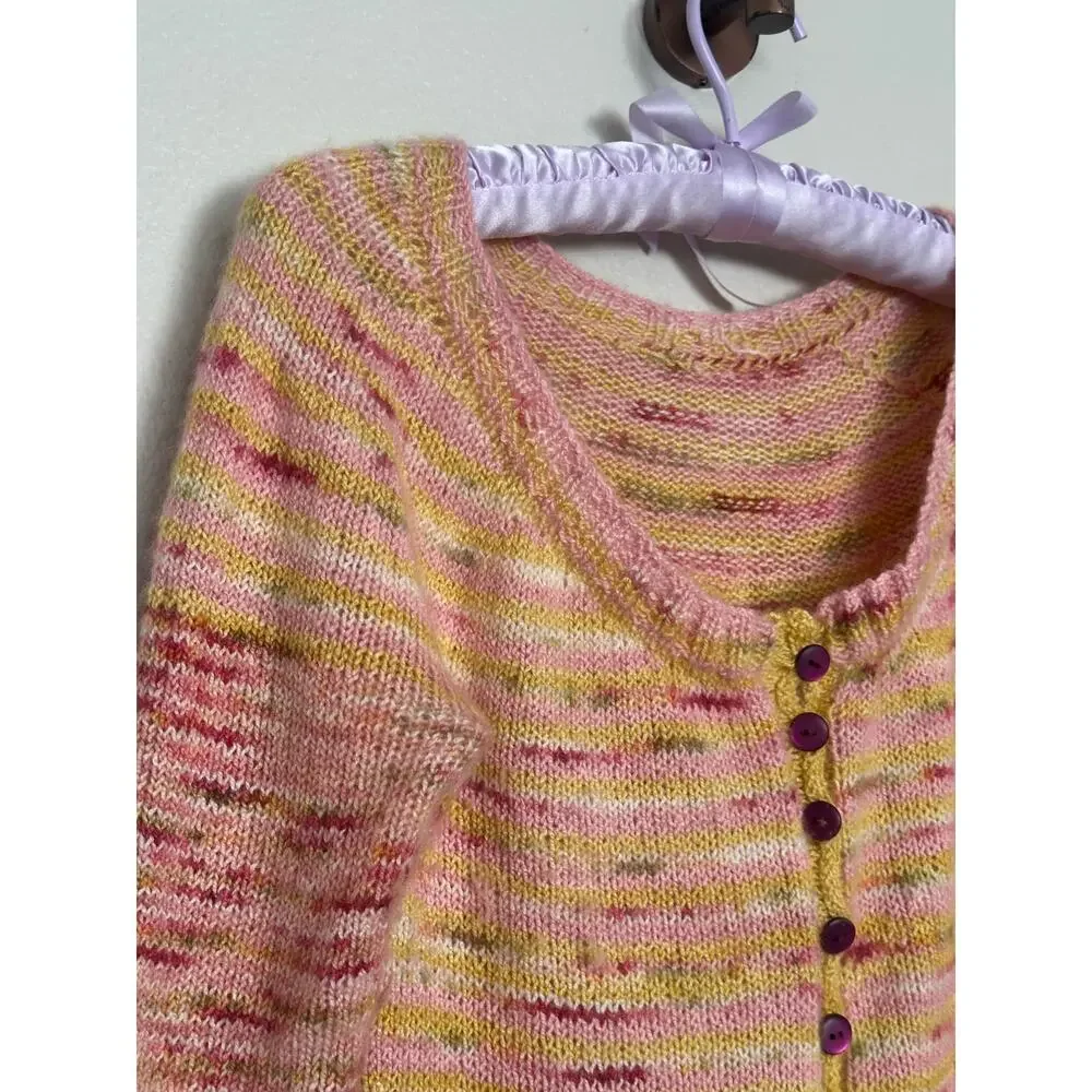 Handmade Knit Merino Wool Yellow Pink Button Up Cardigan Sweater Spring